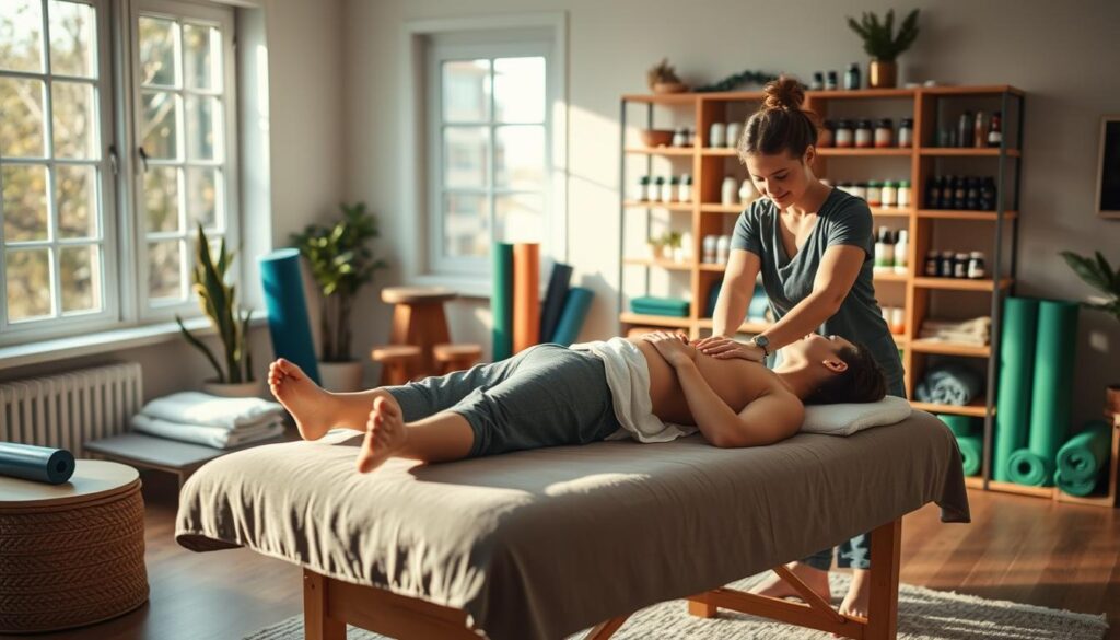 A cozy home clinic setting, natural lighting filtering through large windows, casting a warm glow. In the foreground, a massage therapist skillfully administers a deep tissue massage to a patient lying on a padded table, their expression one of relief and relaxation. In the middle ground, various holistic and alternative therapy tools are neatly arranged - heat pads, yoga mats, foam rollers, acupuncture needles. The background features shelves stocked with natural supplements and remedies, creating a soothing, tranquil atmosphere. The overall scene conveys a sense of non-invasive, conservative therapies as effective alternatives to back surgery.
