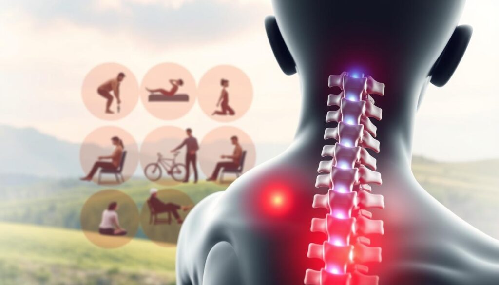 A detailed medical illustration depicting the risks and alternative treatments for back pain. In the foreground, a 3D anatomical model of the human spine highlights key problem areas and surgical interventions. In the middle ground, various non-invasive therapies are shown, such as physical therapy, massage, and acupuncture. The background features a serene, natural landscape, suggesting the holistic approach to managing back pain. The lighting is soft and diffuse, creating a sense of calm and thoughtfulness. The overall composition conveys the importance of exploring all options before resorting to back surgery.