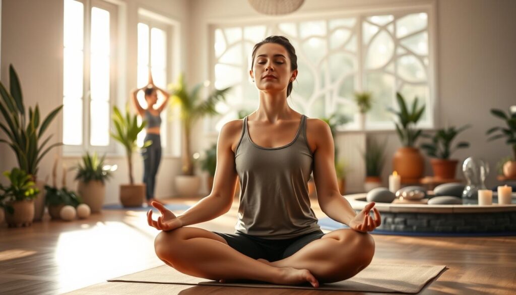 A serene, sunlit yoga studio. In the foreground, a person in a meditative lotus pose, eyes closed, hands resting on knees. Soft, diffused lighting from large windows illuminates their calm, focused expression. In the middle ground, a second person practices gentle stretches, their movements fluid and controlled. The background features an array of soothing, natural elements - potted plants, candles, and a tranquil water feature, creating a holistic, zen-like atmosphere. The overall scene conveys a sense of balance, mindfulness, and the integration of mind and body in pain management.