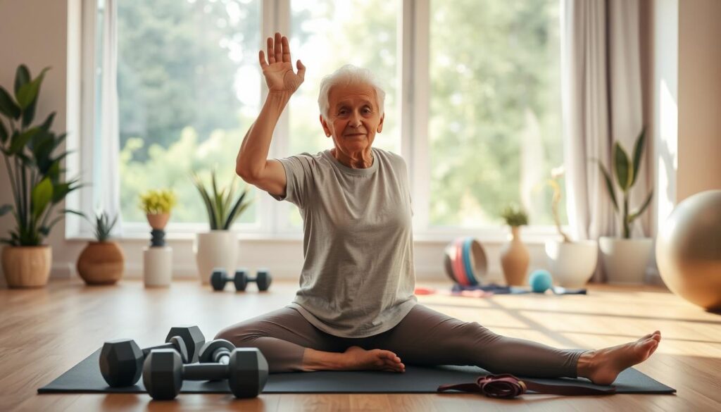 A serene, well-lit indoor setting with soft, warm lighting. In the foreground, an elderly person performing gentle stretching exercises on a yoga mat, their expression peaceful and focused. In the middle ground, a collection of exercise equipment including dumbbells, resistance bands, and a stability ball, all arranged neatly. The background features soothing natural elements such as potted plants and a large window overlooking a lush, verdant outdoor scene, conveying a sense of tranquility and healing. The overall atmosphere is one of calm, rejuvenation, and the empowering potential of physical activity to manage arthritis pain.