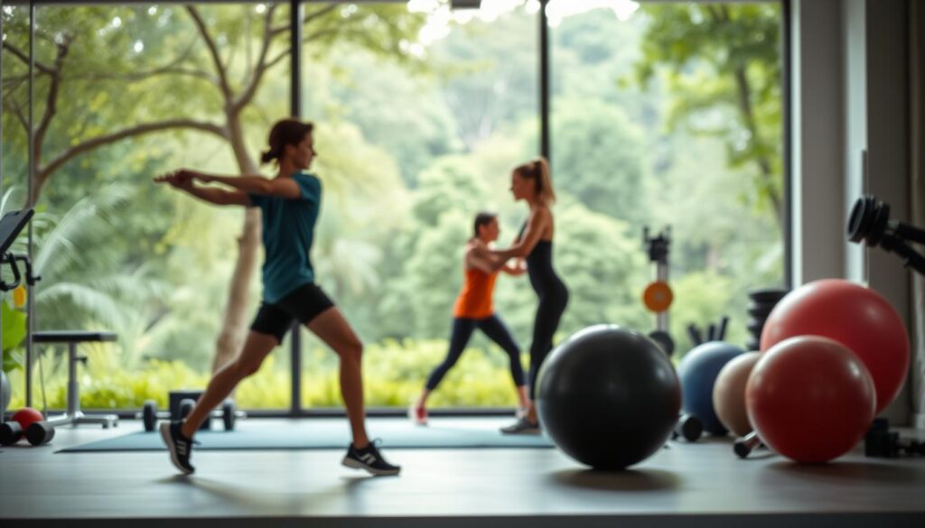 A well-lit, motion-filled scene depicting progressive exercise programs for physical therapy recovery. In the foreground, a person performs a series of dynamic stretches and low-impact exercises, their movements captured with a shallow depth of field. The middle ground features various resistance training equipment, weights, and exercise balls, hinting at the next stage of the recovery process. In the background, a serene, natural setting with lush greenery and soft, diffused lighting sets a calming, optimistic tone. The overall composition conveys a sense of gradual, purposeful progression through thoughtfully curated, therapeutic exercises.