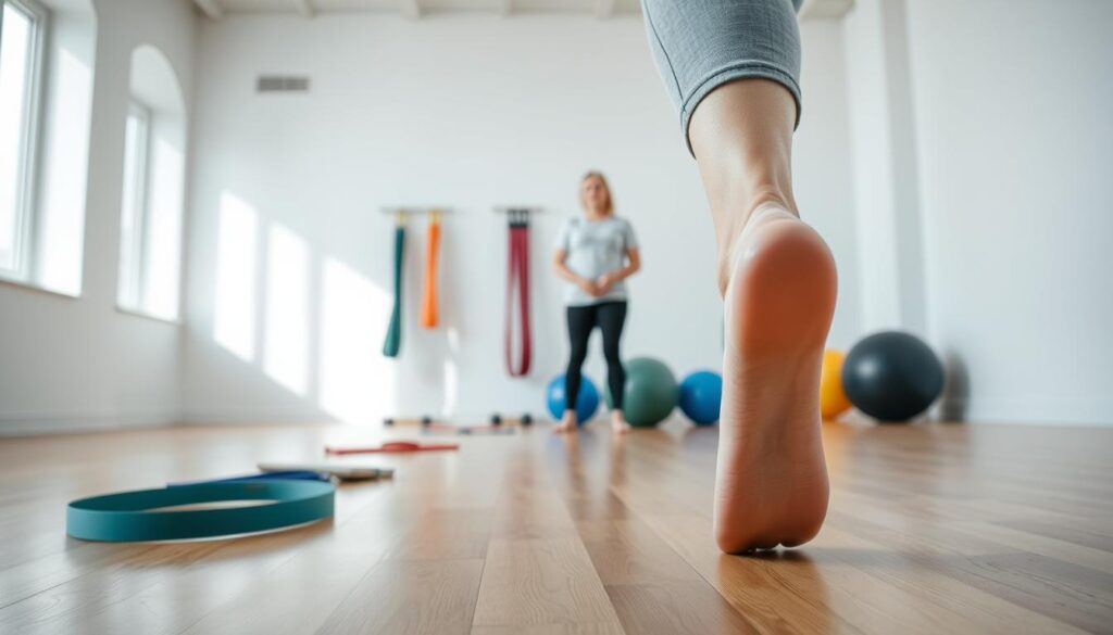 A well-lit studio setting with a hardwood floor. In the foreground, a person performing calf raises, their muscles engaged as they lift their heels off the ground. Behind them, a series of resistance bands and exercise balls, signifying various lower body rehabilitation tools. The middle ground features a physical therapist observing the patient's form, offering guidance and encouragement. The background showcases a minimalist, clinical aesthetic with white walls and natural lighting, creating a calming, therapeutic atmosphere. The overall composition emphasizes the importance of targeted calf strengthening exercises for effective lower body rehabilitation.
